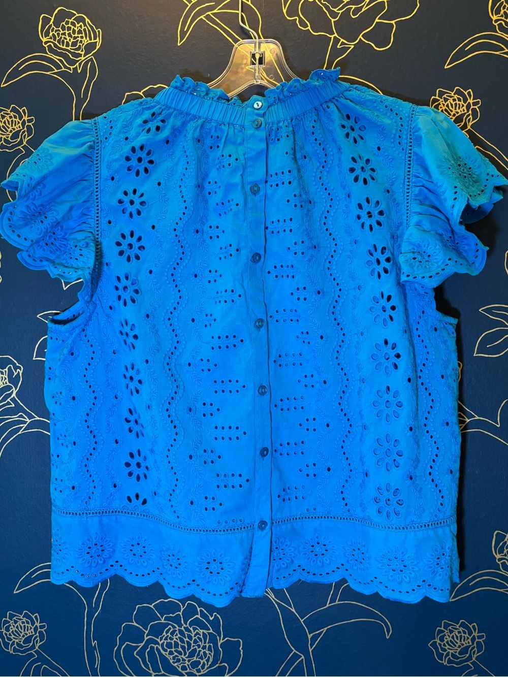 JENNIFER & GRACE flutter sleeve eyelet top BLUE size XL cotton LACE - Picture 2 of 4